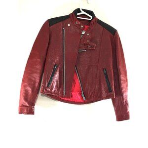 VTG 70’S BOMBER LEATHER JACKET RED/BLACK ARM PATCHES BY BAINTON  SZ 10
